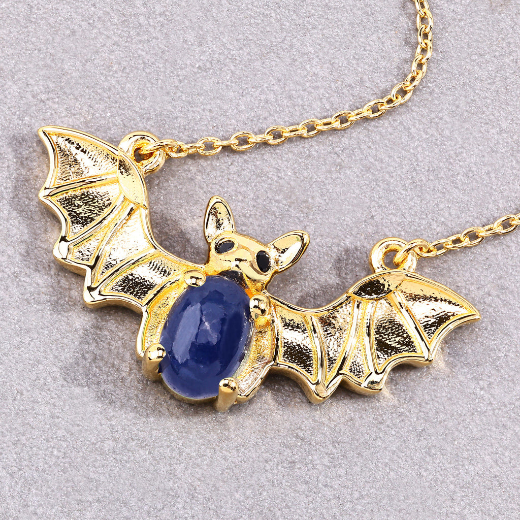 Blue Sapphire Bat Necklace With Black Spinel 1.16 Carats Gold Plated Silver