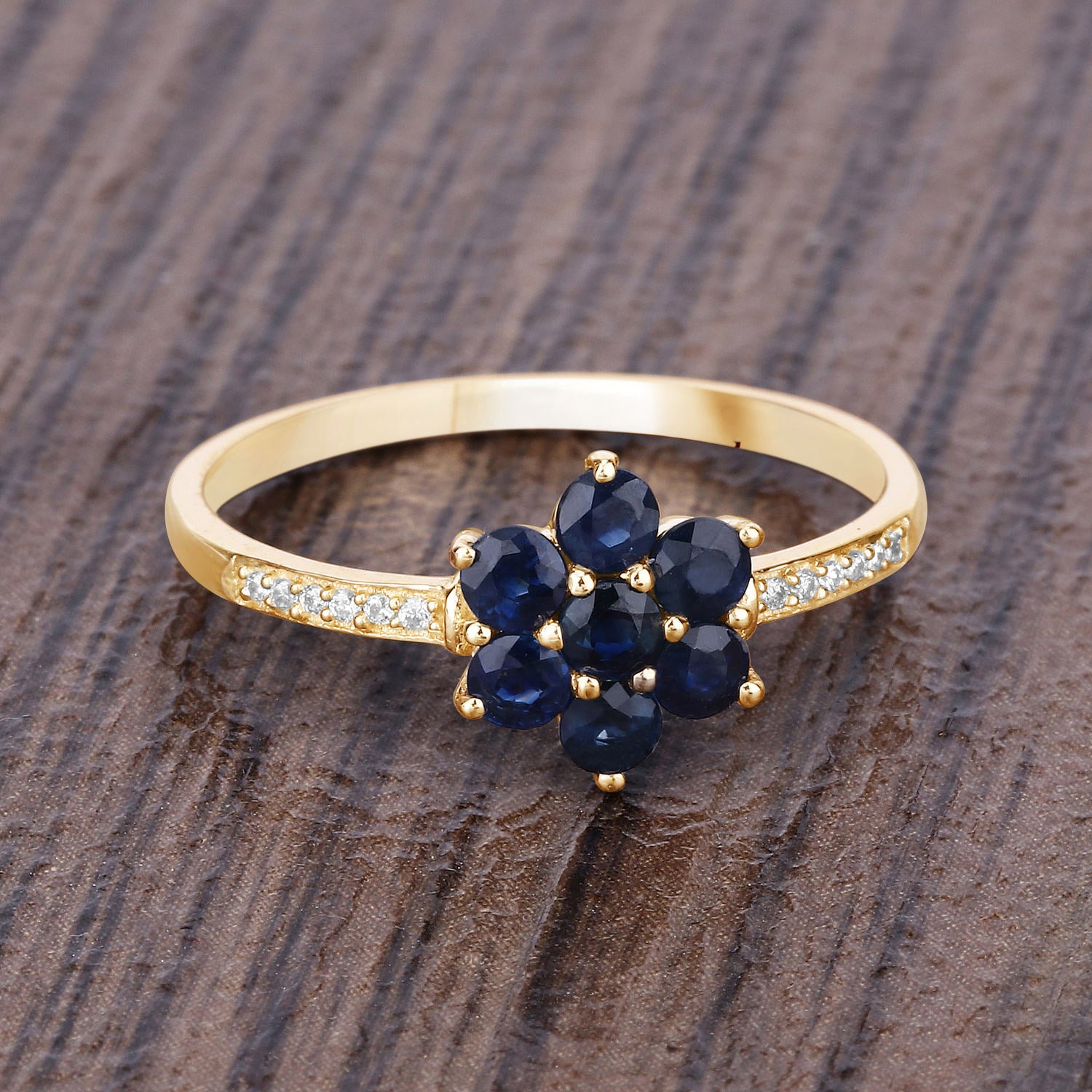 Blue Sapphire Ring With Diamonds 0.42 Carats 10K Yellow Gold