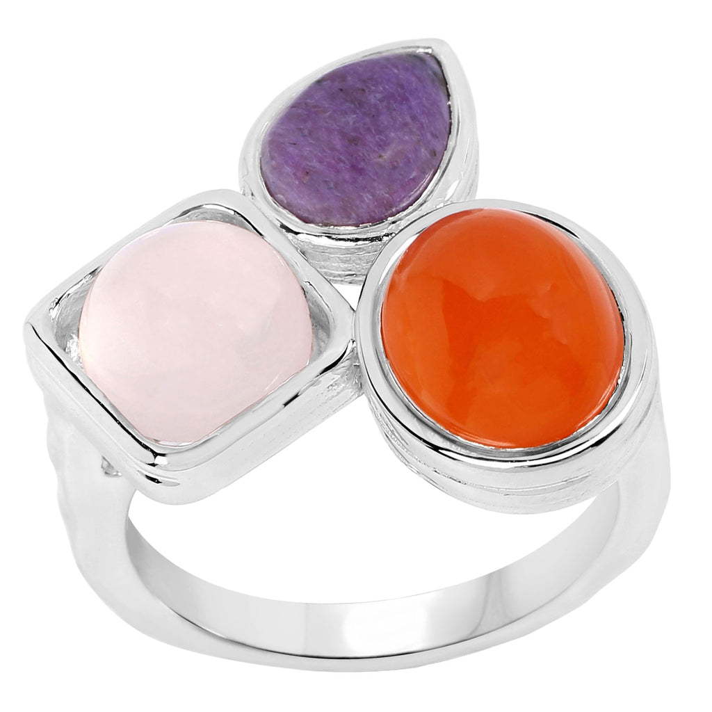 Carnelian Ring With Rose Quartz and Charoite 5.16 Carats Sterling Silver