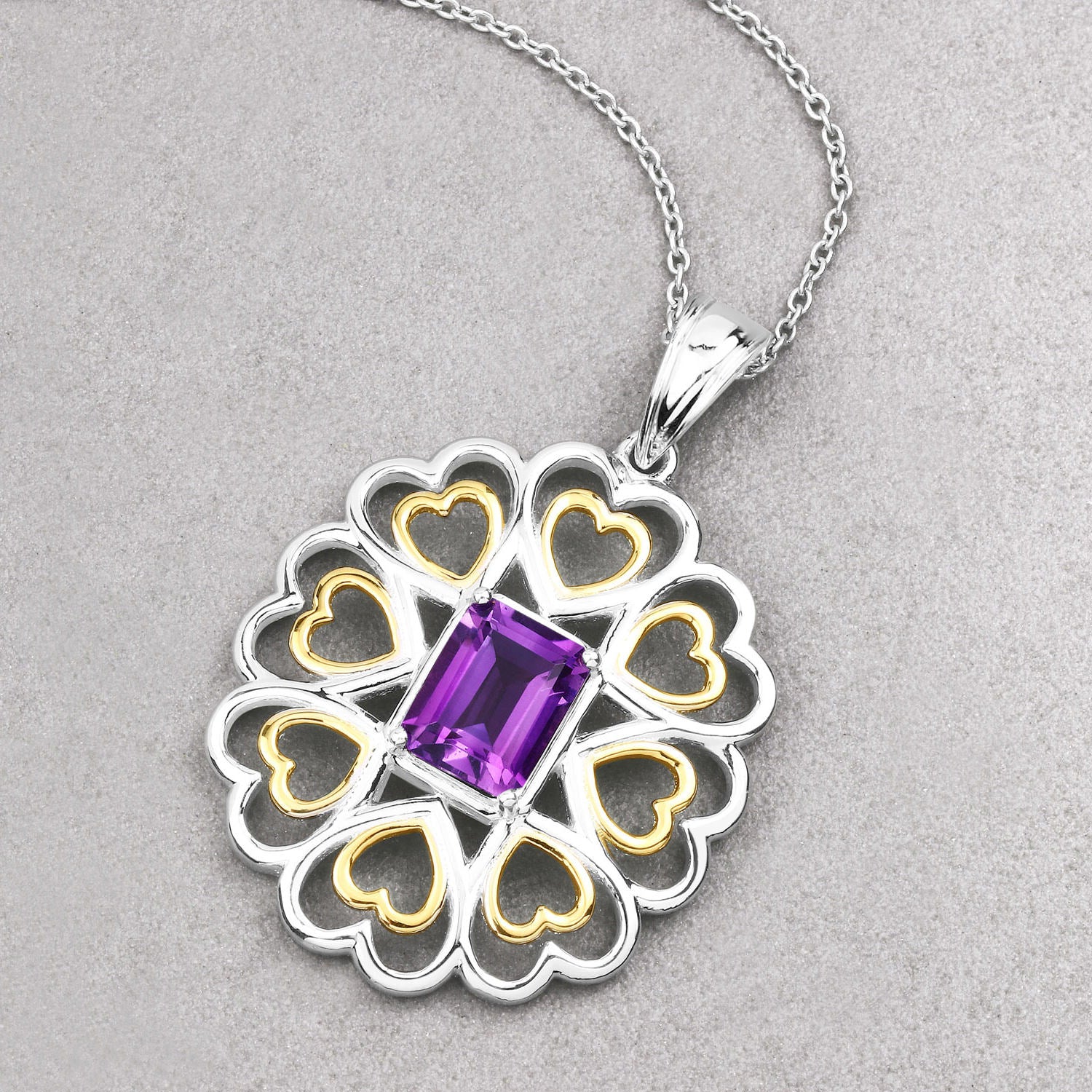 Amethyst Flower Pendant 2.08 Carats Gold Plated Silver