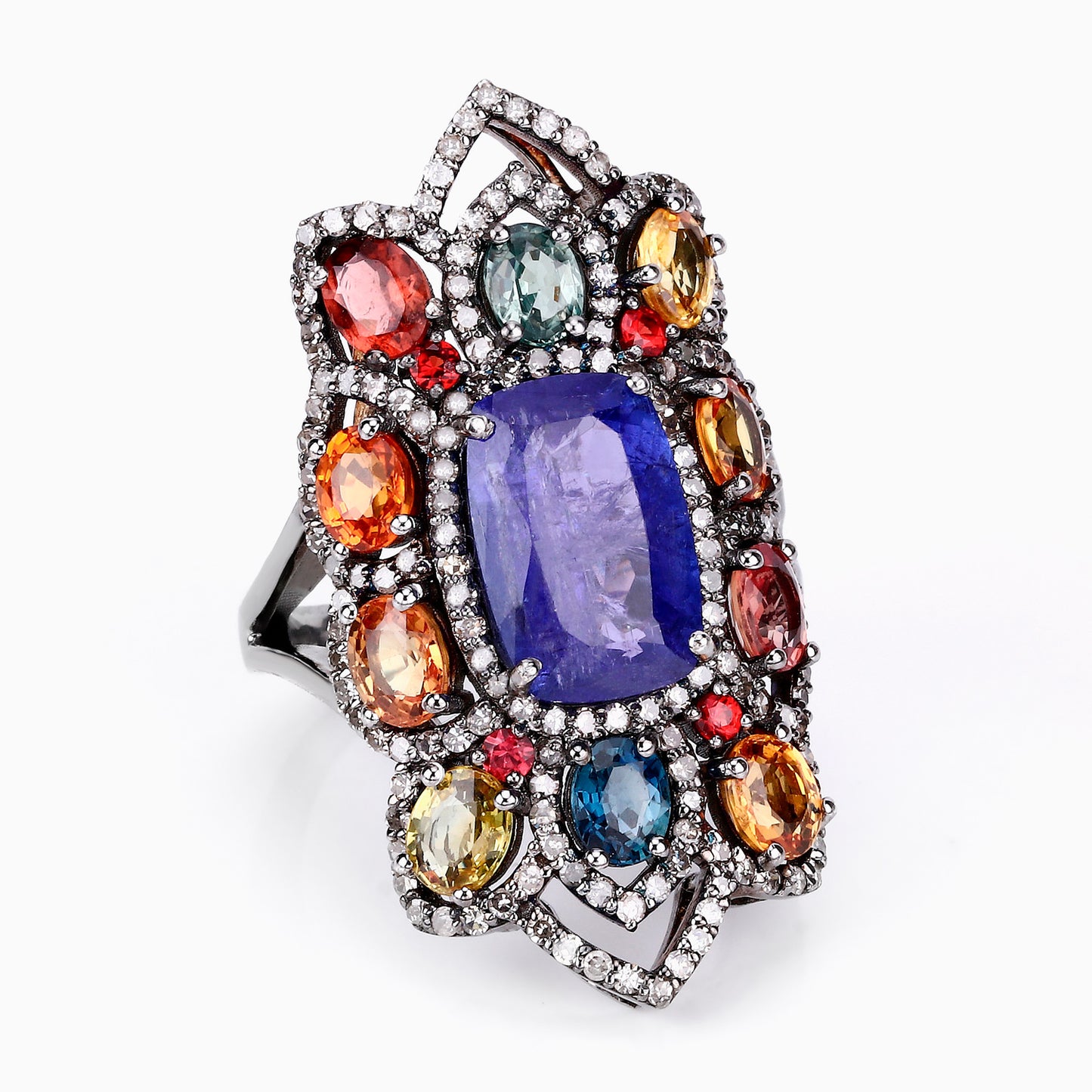 Natural Mixed Gemstones Ring With Diamonds 11.4 Carats Sterling Silver