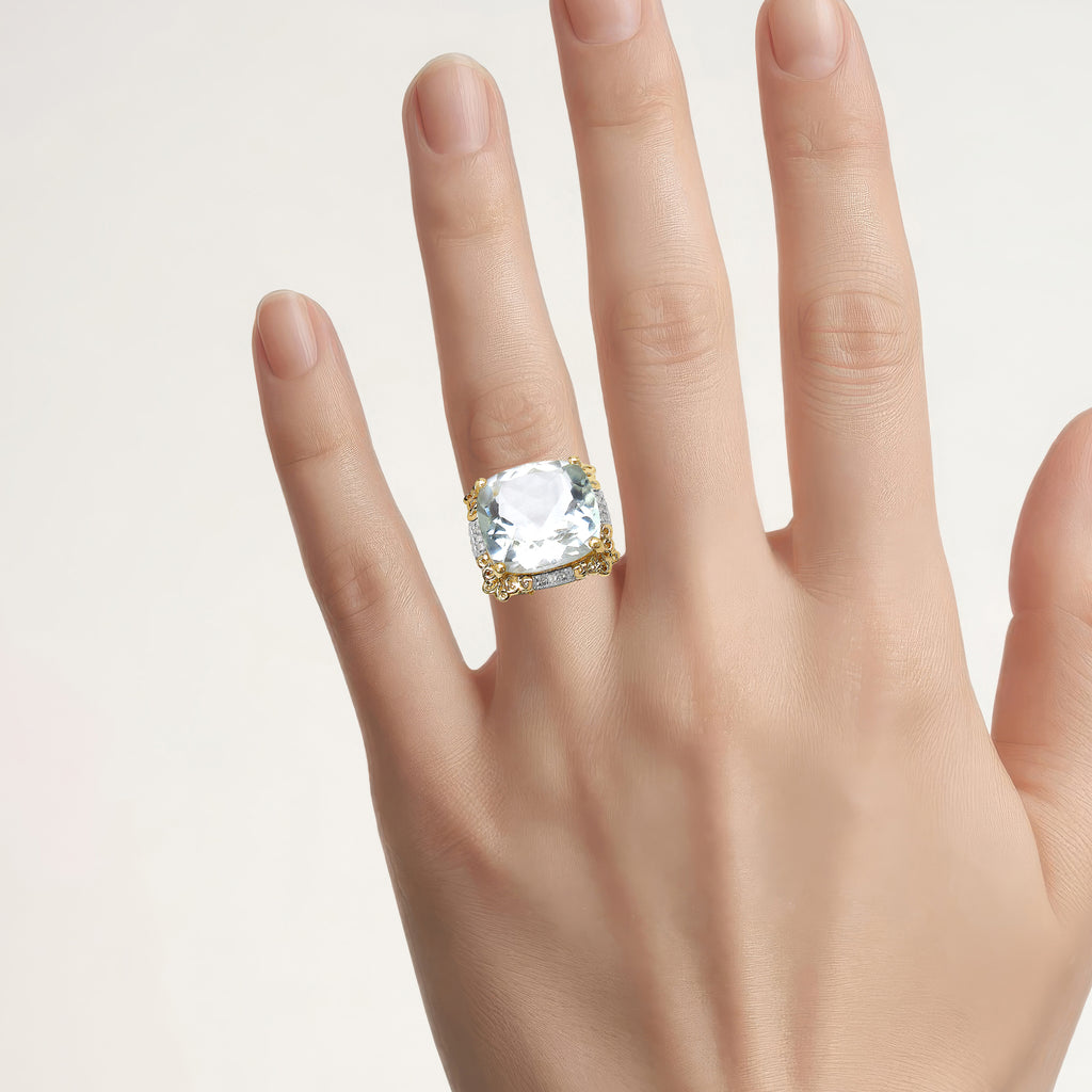 Green Amethyst Ring White Topaz 8.22 Carats Gold Plated Silver