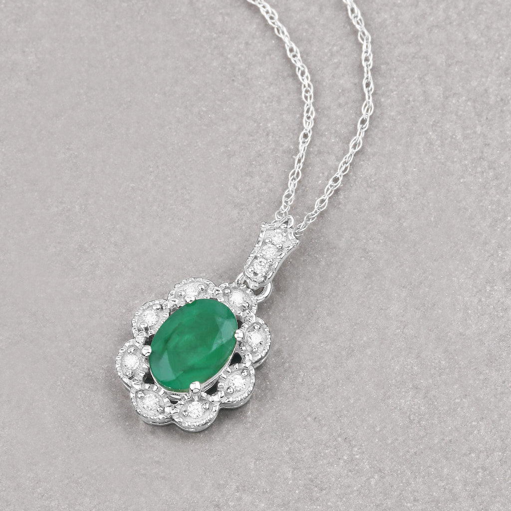 Zambian Emerald Pendant With Diamonds 0.76 Carats 10K White Gold