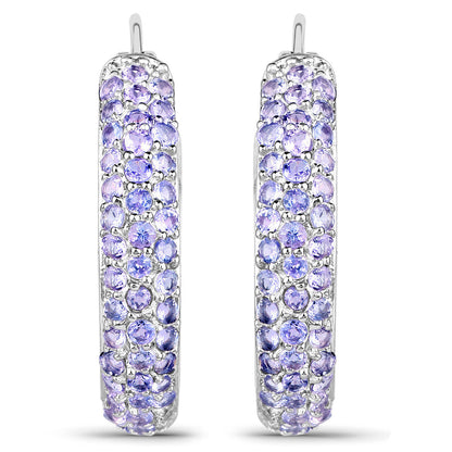 Tanzanite Hoop Earrings 3 Carats Rhodium Plated Silver