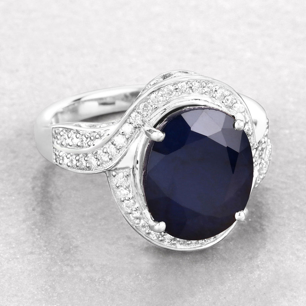 Blue Sapphire Ring With Diamonds 6.5 Carats 14K White Gold