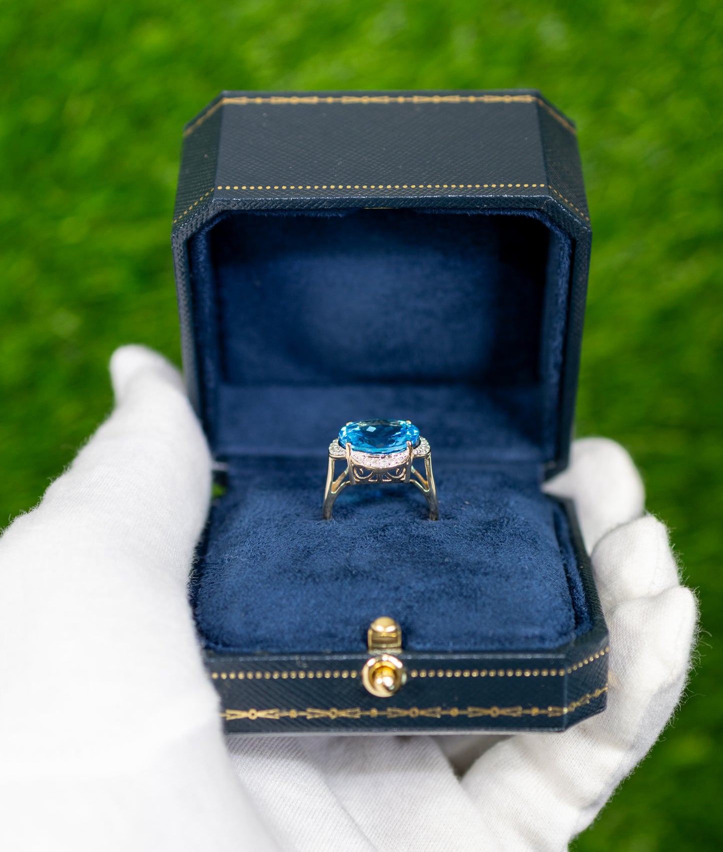 Swiss Blue Topaz Statement Ring Diamond Halo 12.7 Carats 14K Yellow Gold