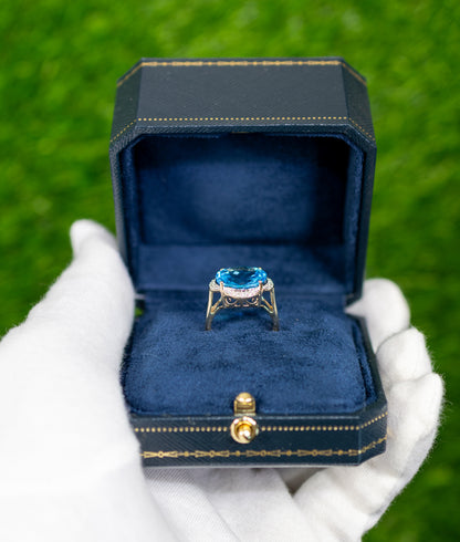 Swiss Blue Topaz Statement Ring Diamond Halo 12.7 Carats 14K Yellow Gold