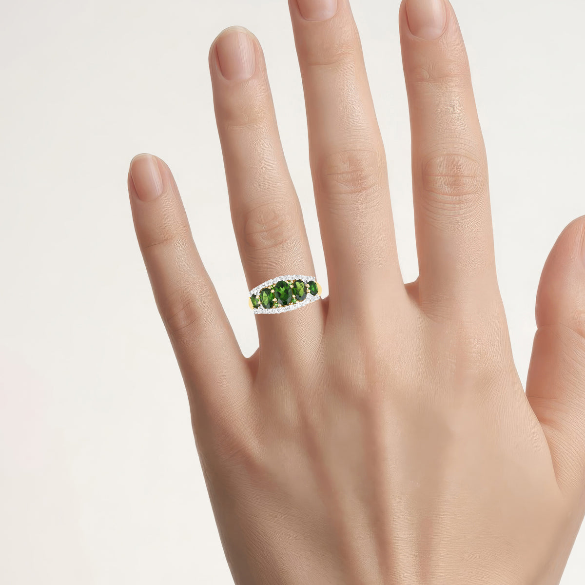 Chrome Diopside Ring With White Topaz 2.6 Carats Gold Plated Silver