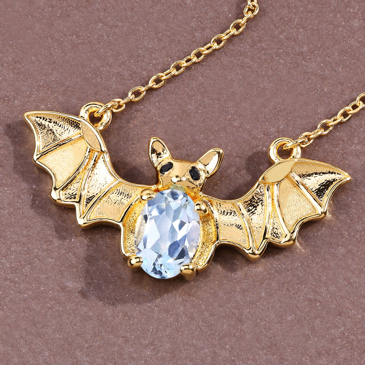 Blue Topaz Bat Necklace With Black Spinel 0.96 Carats Gold Plated Silver