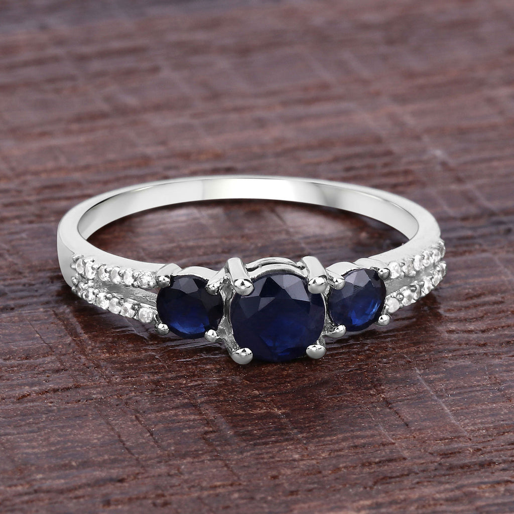 Blue Sapphire Ring With Diamonds 1.04 Carats 14K White Gold