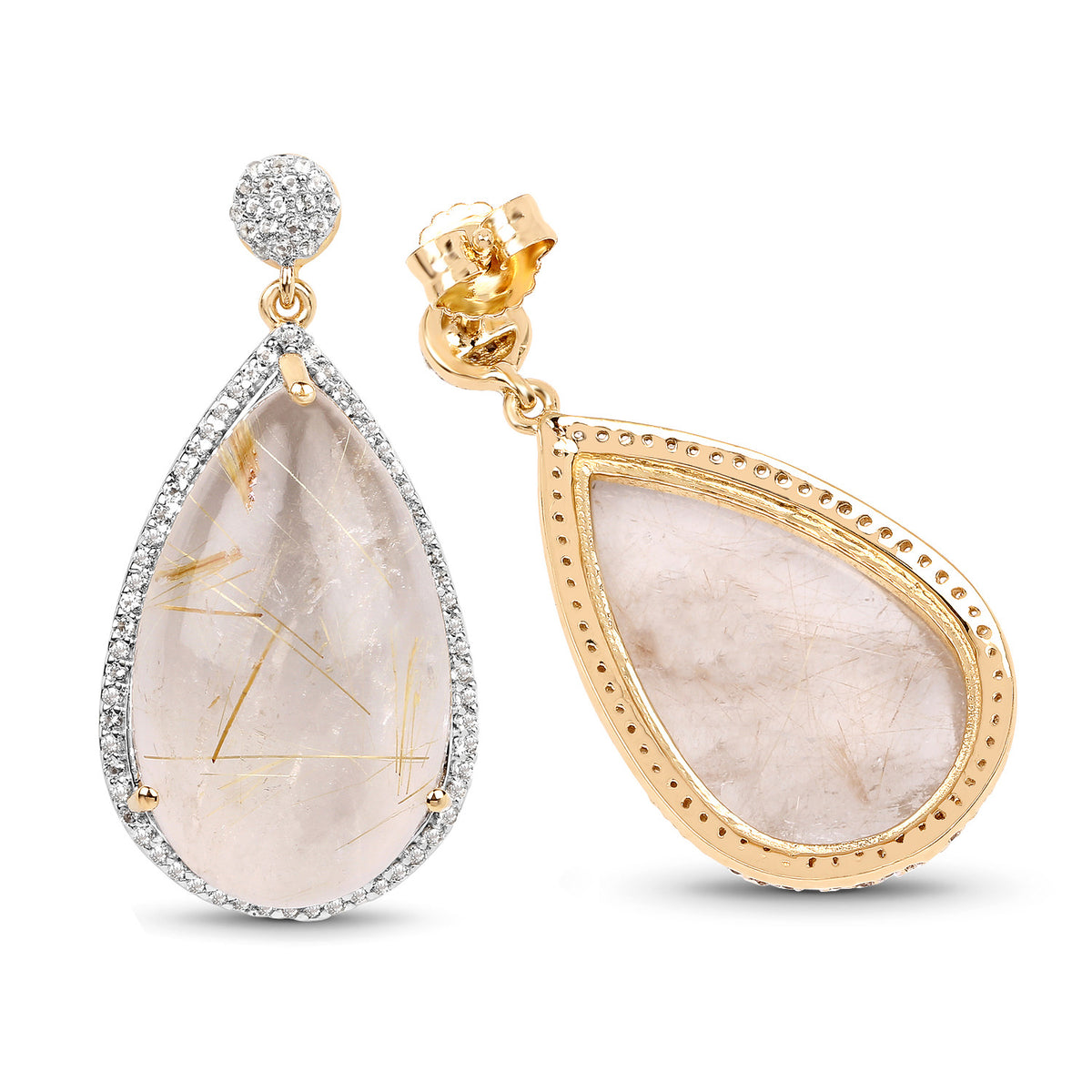 Golden Rutile Earrings With White Topaz 35.1 Carats Gold Plated Silver