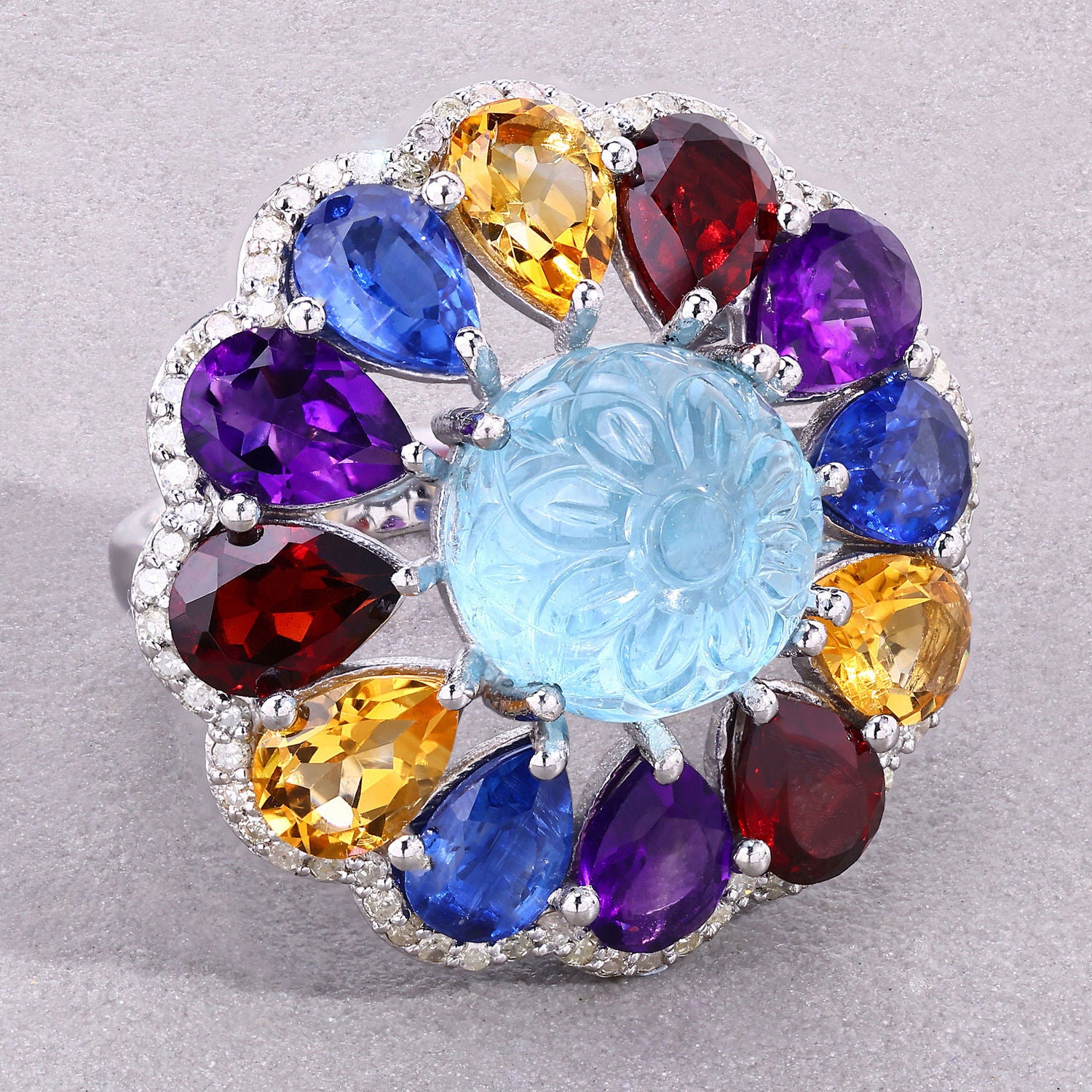 Natural Mixed Gemstones Ring 16 Carats Sterling Silver