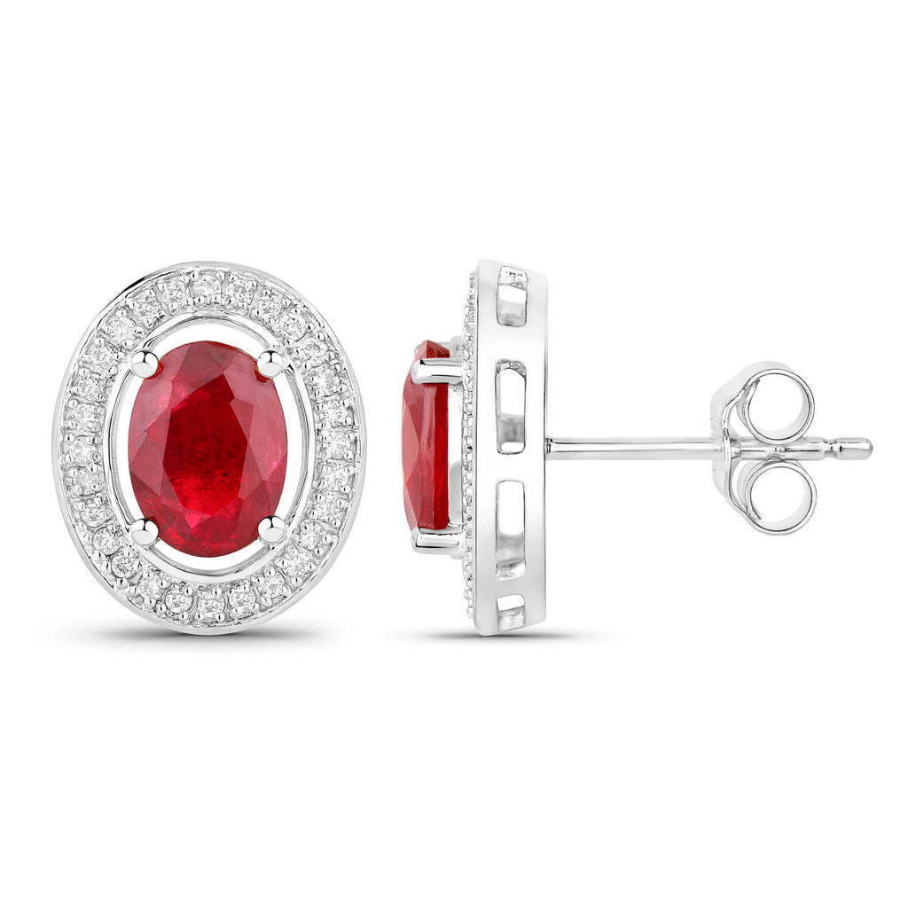 Ruby Stud Earrings Halo Diamonds 2.1 Carats 14K White Gold