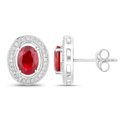 Ruby Stud Earrings Halo Diamonds 2.1 Carats 14K White Gold
