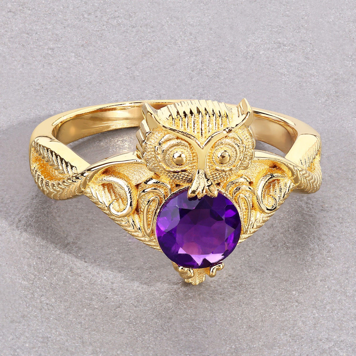 Amethyst Owl Ring 0.72 Carats Gold Plated Silver
