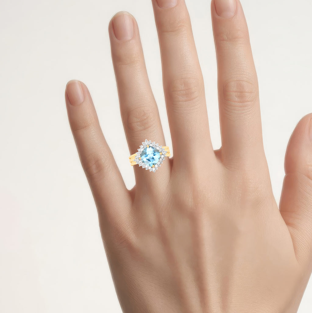 Swiss Blue Topaz Ring With White Topaz 4.28 Carats Gold Plated Silver