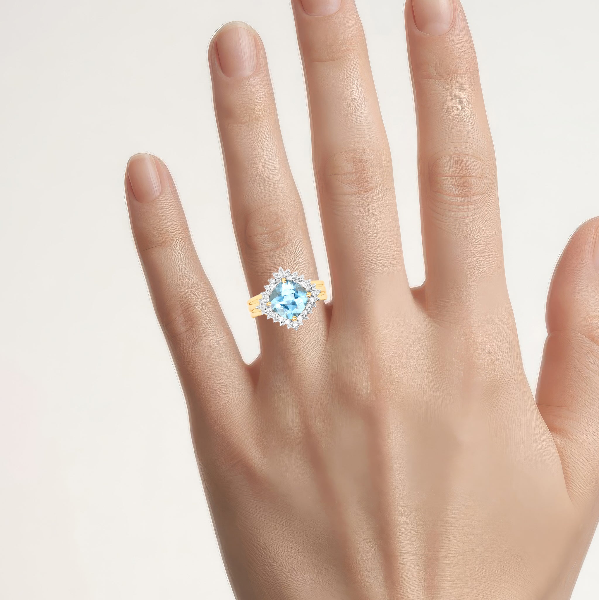 Swiss Blue Topaz Ring With White Topaz 4.28 Carats Gold Plated Silver