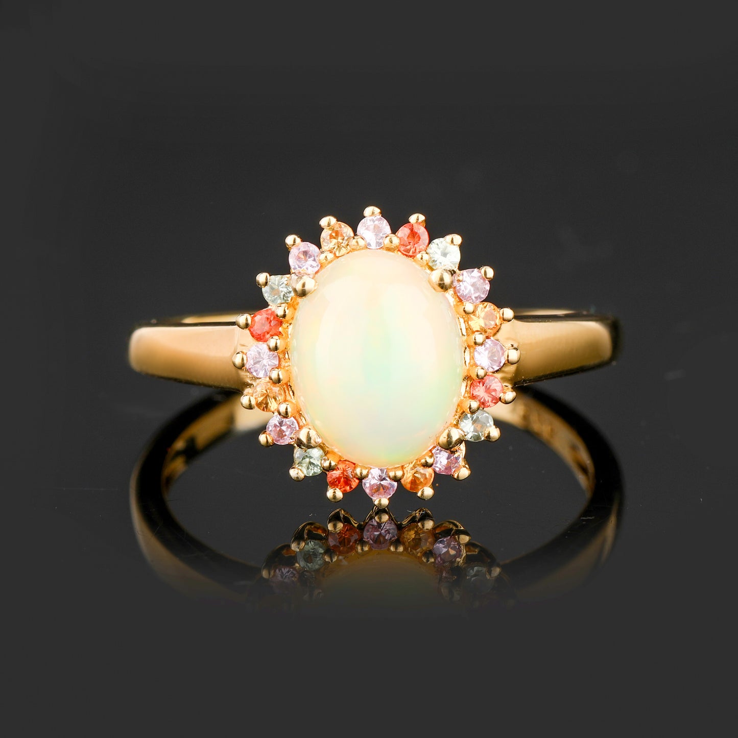 Opal Ring With Mixed Sapphire Halo 2.25 Carats Gold Plated Silver