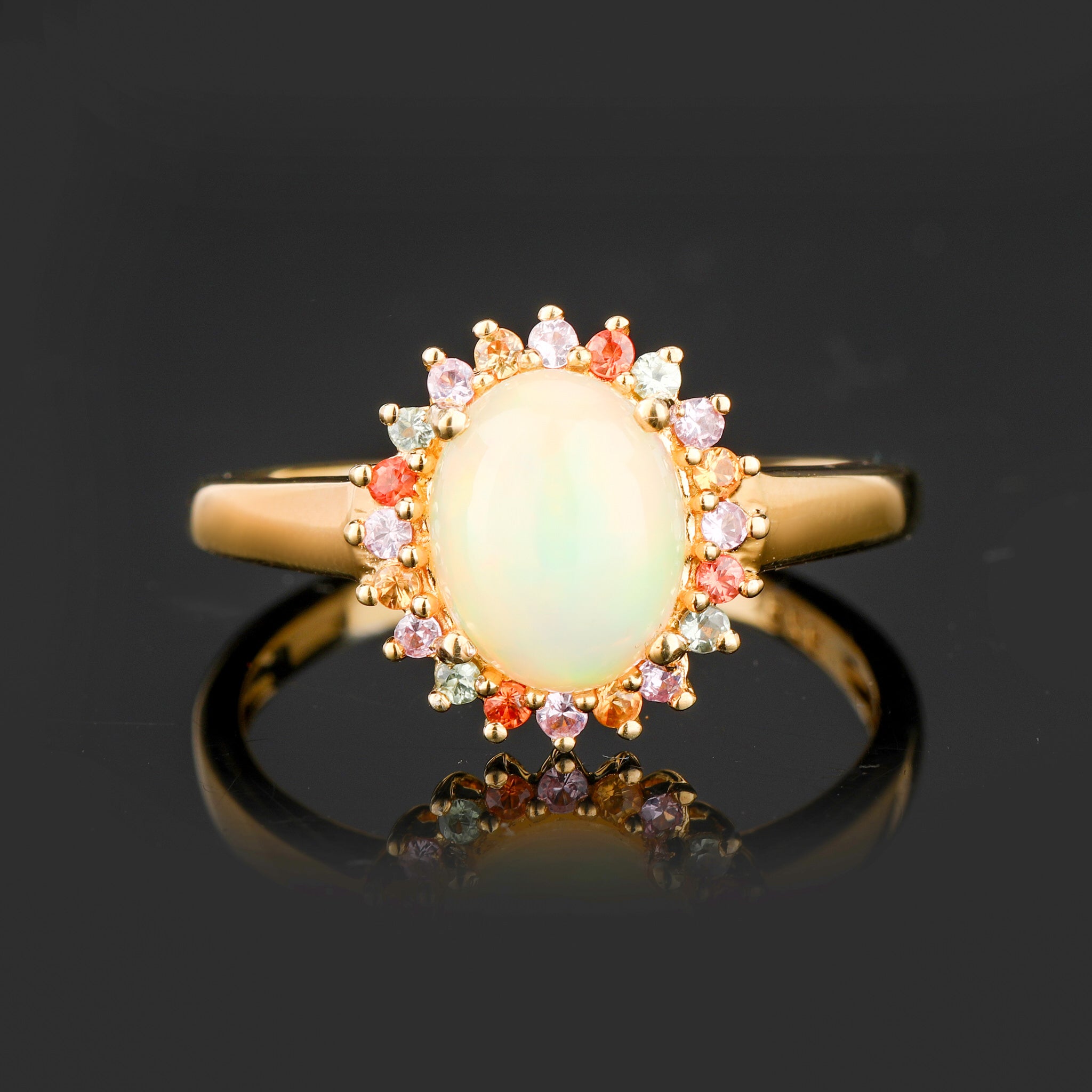 Opal Ring With Mixed Sapphire Halo 2.25 Carats Gold Plated Silver