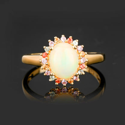 Opal Ring With Mixed Sapphire Halo 2.25 Carats Gold Plated Silver
