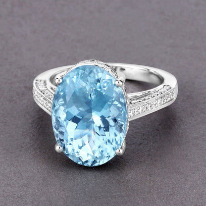 Aquamarine Ring With Diamonds 8.80 Carats 14K White Gold