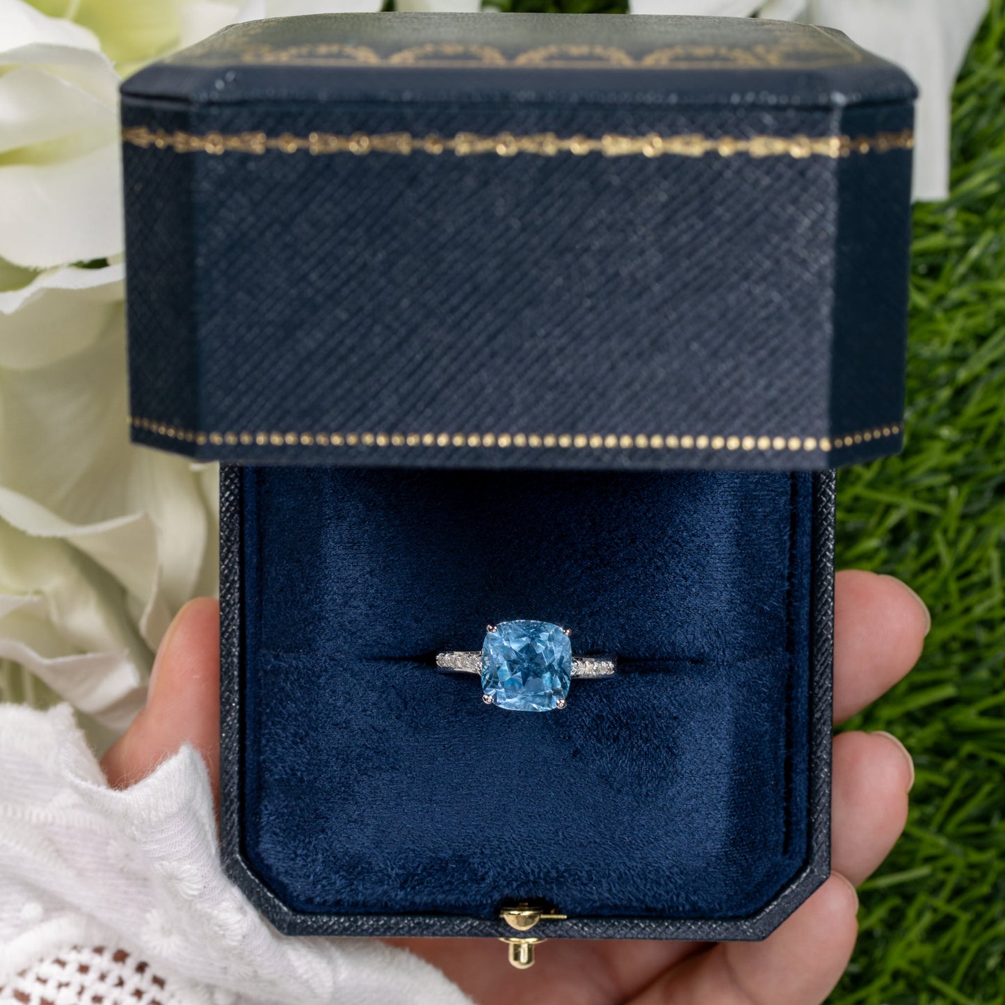 Blue Topaz Ring With White Topaz 4.58 Carats Sterling Silver