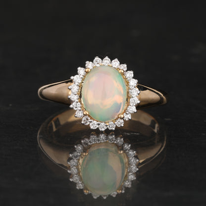 Natural Ethiopian Opal Ring With Diamonds 1.22 Carats 9K Yellow Gold