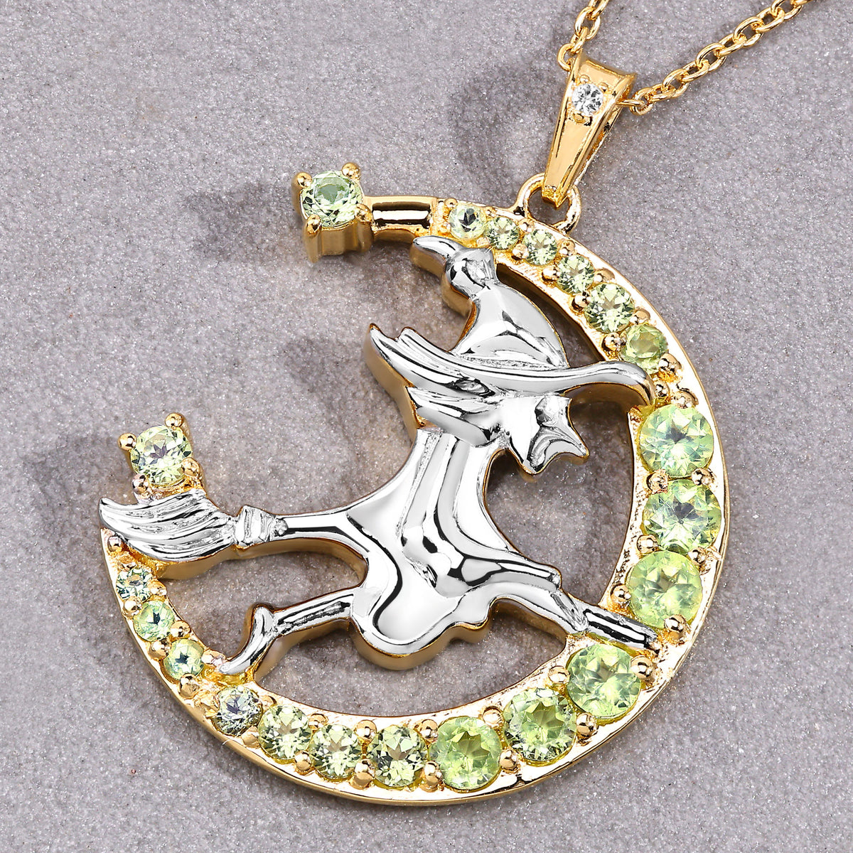 Peridot Witch Pendant With White Topaz 1.02 Carats Gold Plated Silver