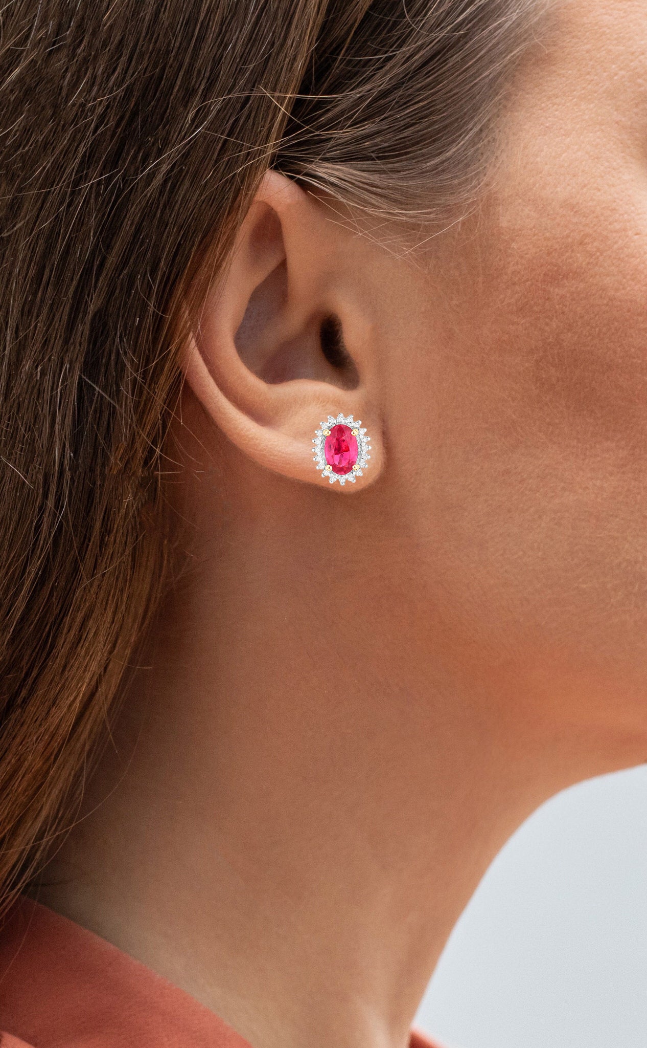 Ruby Halo Stud Earrings Diamonds 1.1 Carats 14K Yellow Gold