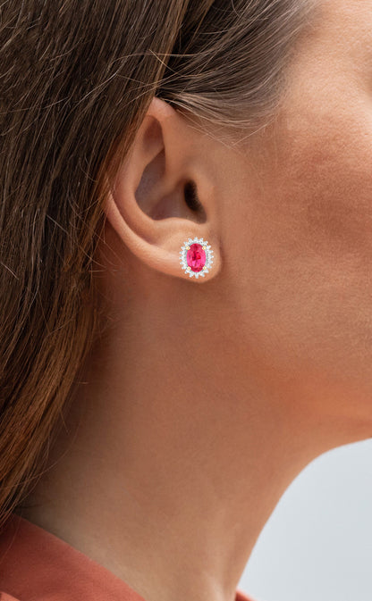 Ruby Halo Stud Earrings Diamonds 1.1 Carats 14K Yellow Gold