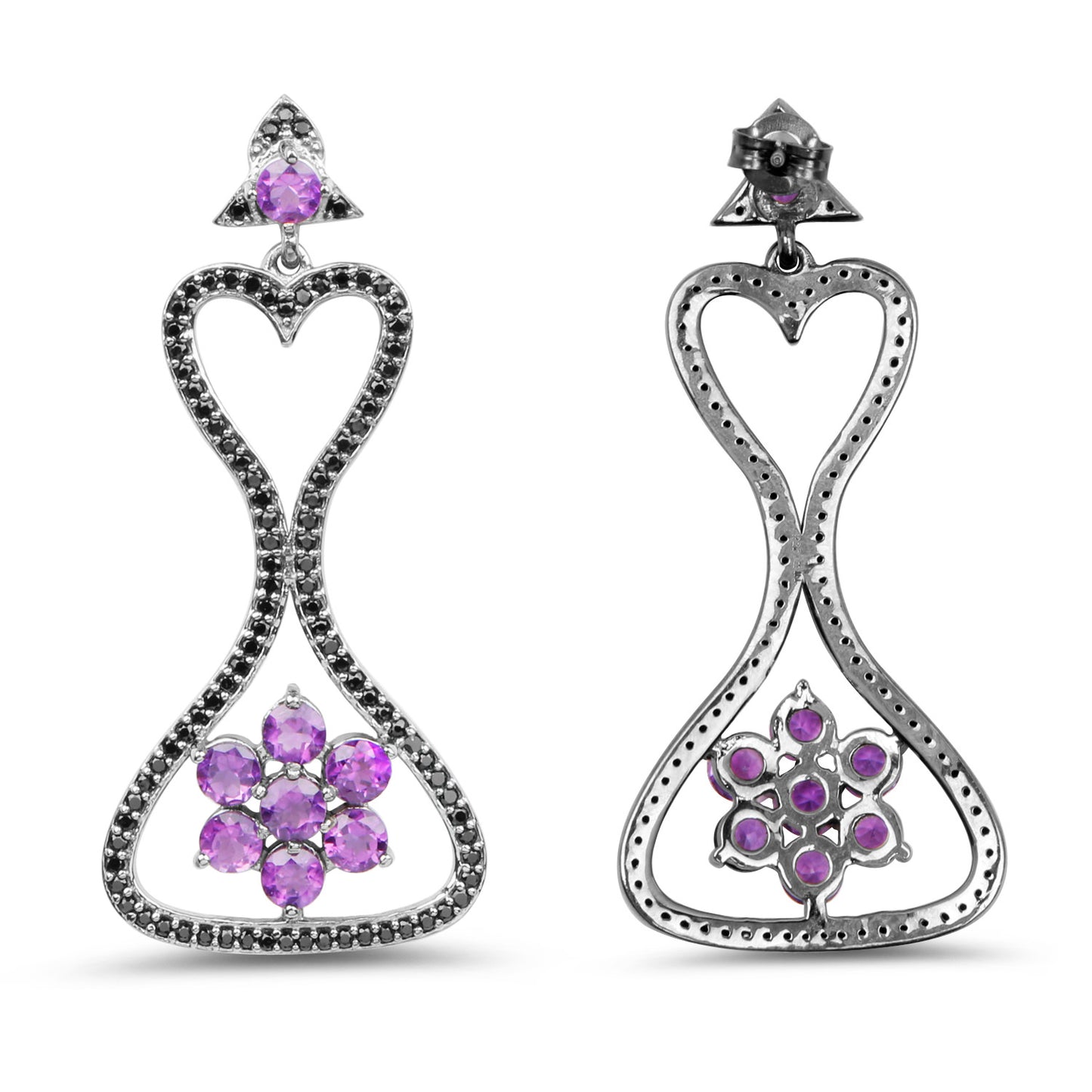 Amethyst Dangle Earrings Black Spinel 6.2 Carats Black Rhodium Plated Silver