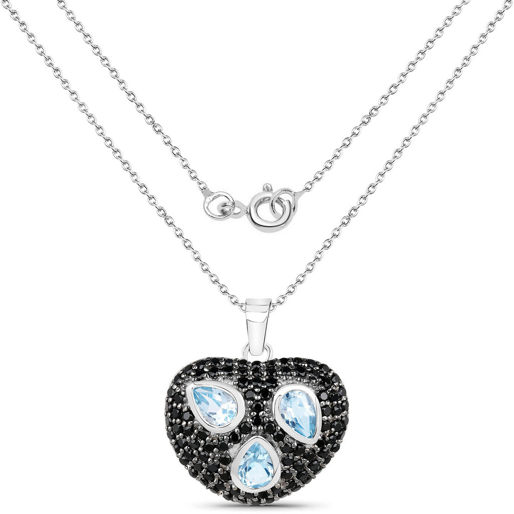 Blue Topaz Pendant With Black Spinel 3.48 Carats Sterling Silver