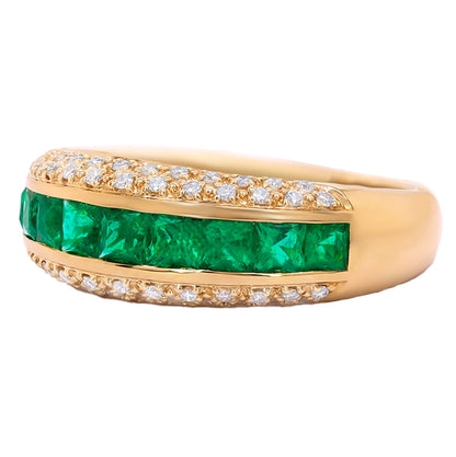 Zambian Emeralds and Diamonds Band Ring 1.3 Carats 18K Yellow Gold