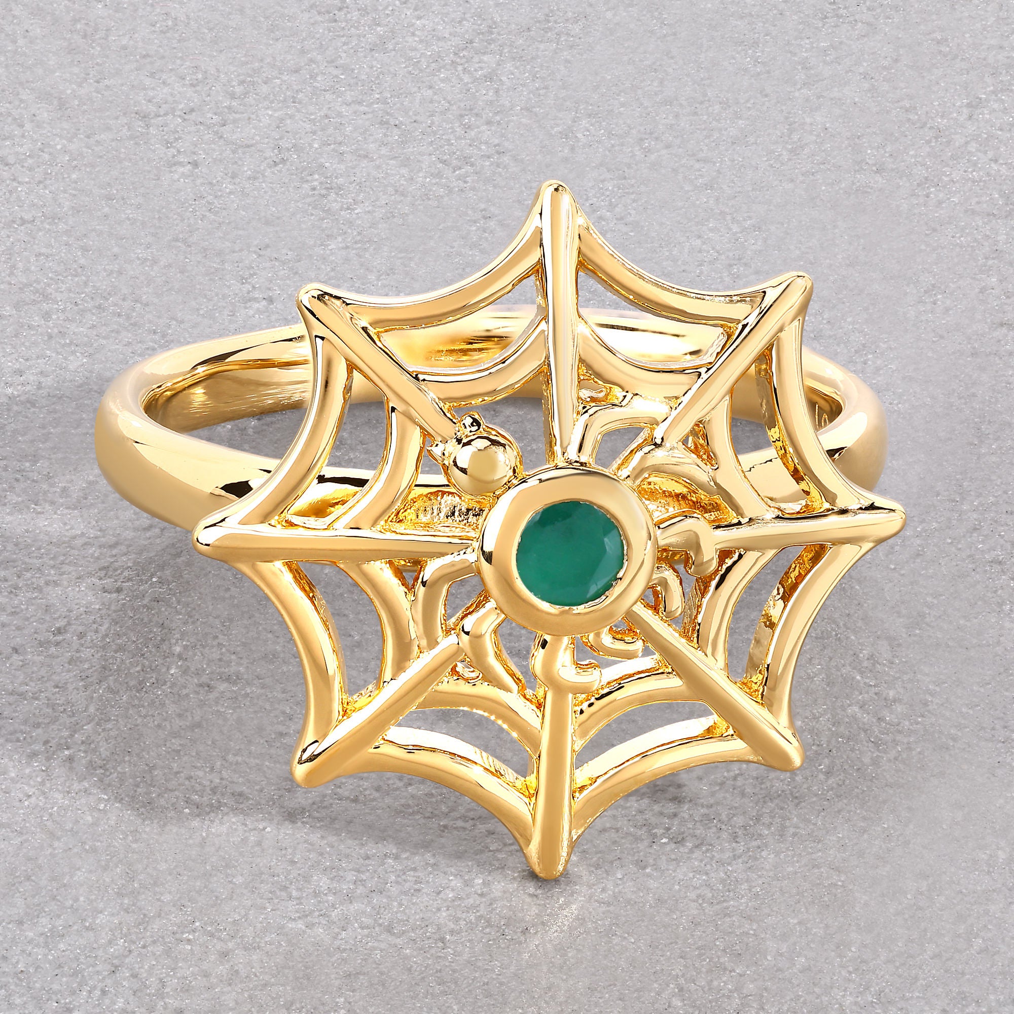Emerald Spider Web Ring 0.08 Carats Gold Plated Silver
