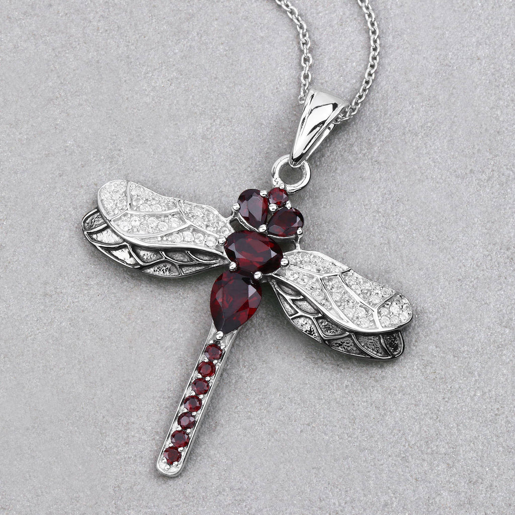 Garnet Dragonfly Pendant With White Topaz 2.2 Carats Sterling Silver