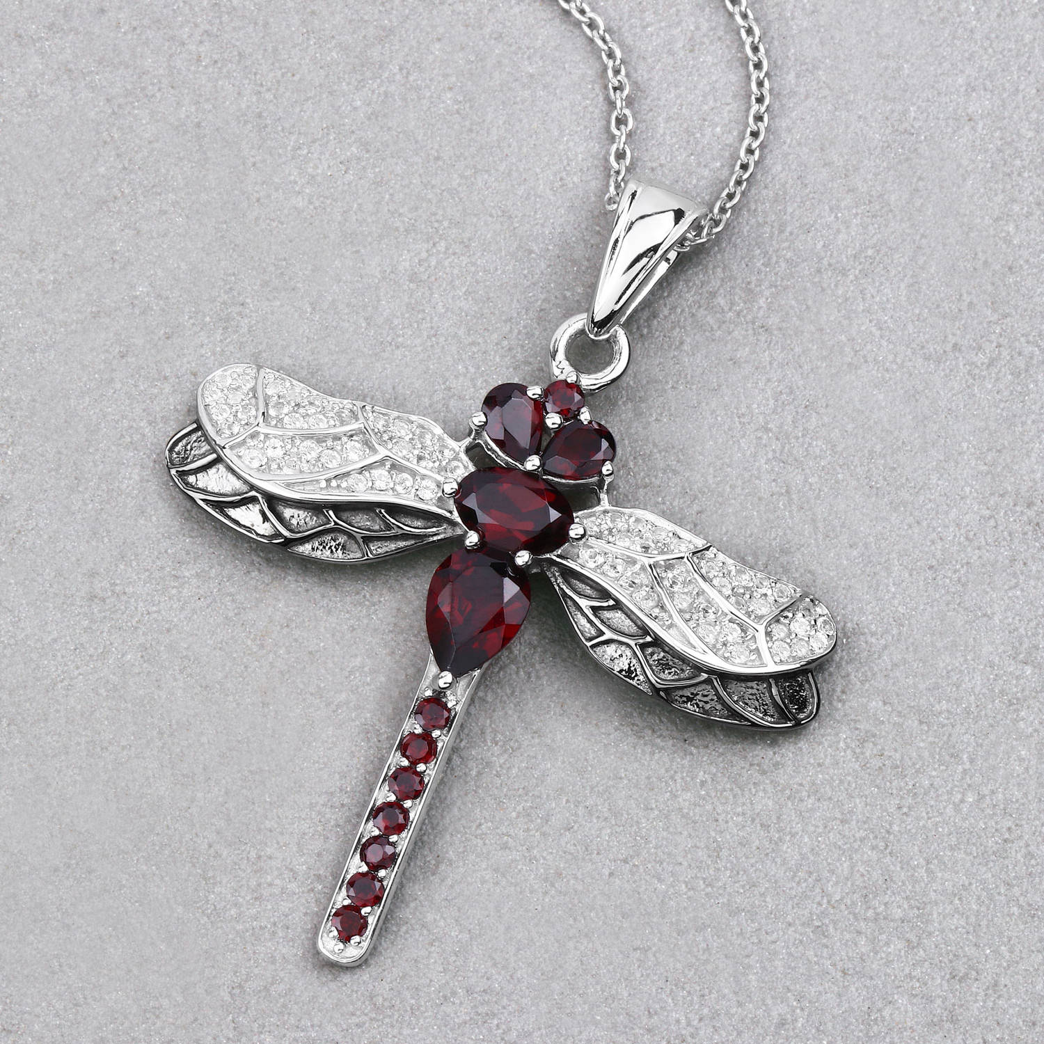 Garnet Dragonfly Pendant With White Topaz 2.2 Carats Sterling Silver