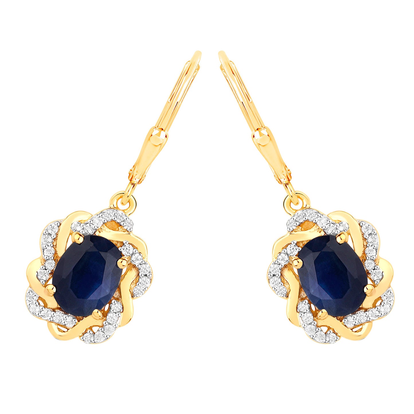 Natural Blue Sapphire Earrings With White Topaz 3.42 Carats Gold Plated Silver