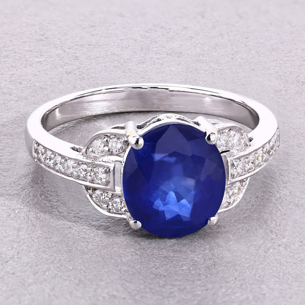 Blue Sapphire Ring With Diamonds 2.98 Carats 18K White Gold