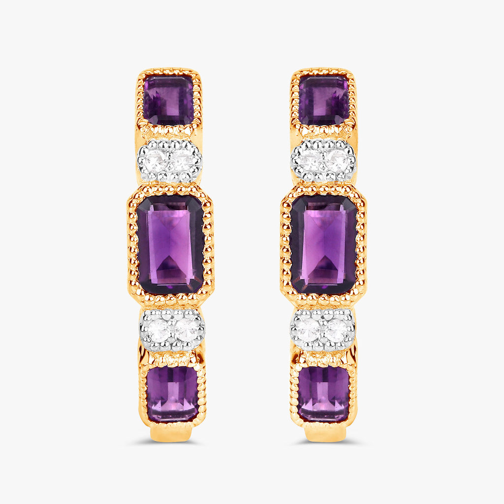 Amethyst Hoop Earrings With White Topaz 2.12 Carats Gold Plated Silver
