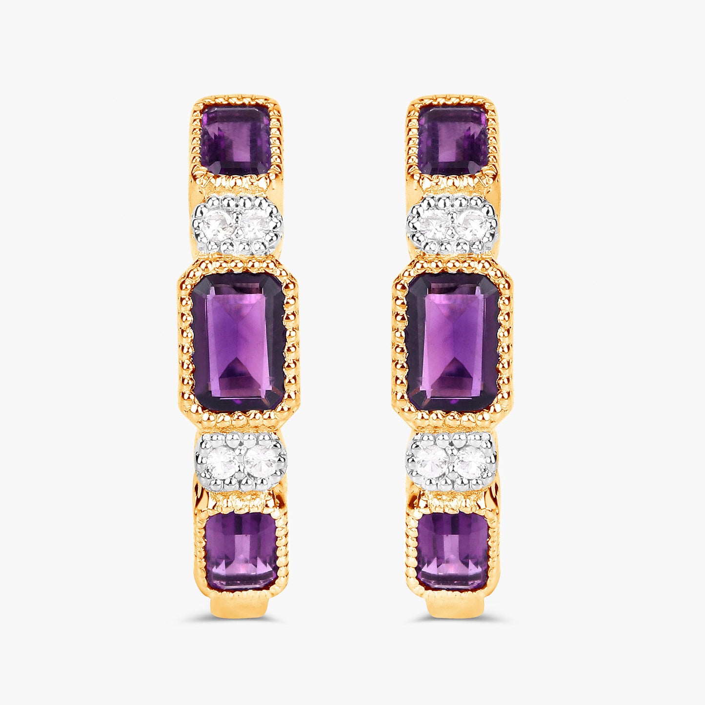 Amethyst Hoop Earrings With White Topaz 2.12 Carats Gold Plated Silver