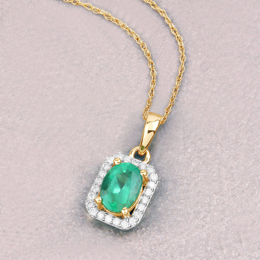 Zambian Emerald Pendant With Diamonds 0.8 Carats 10K Yellow Gold