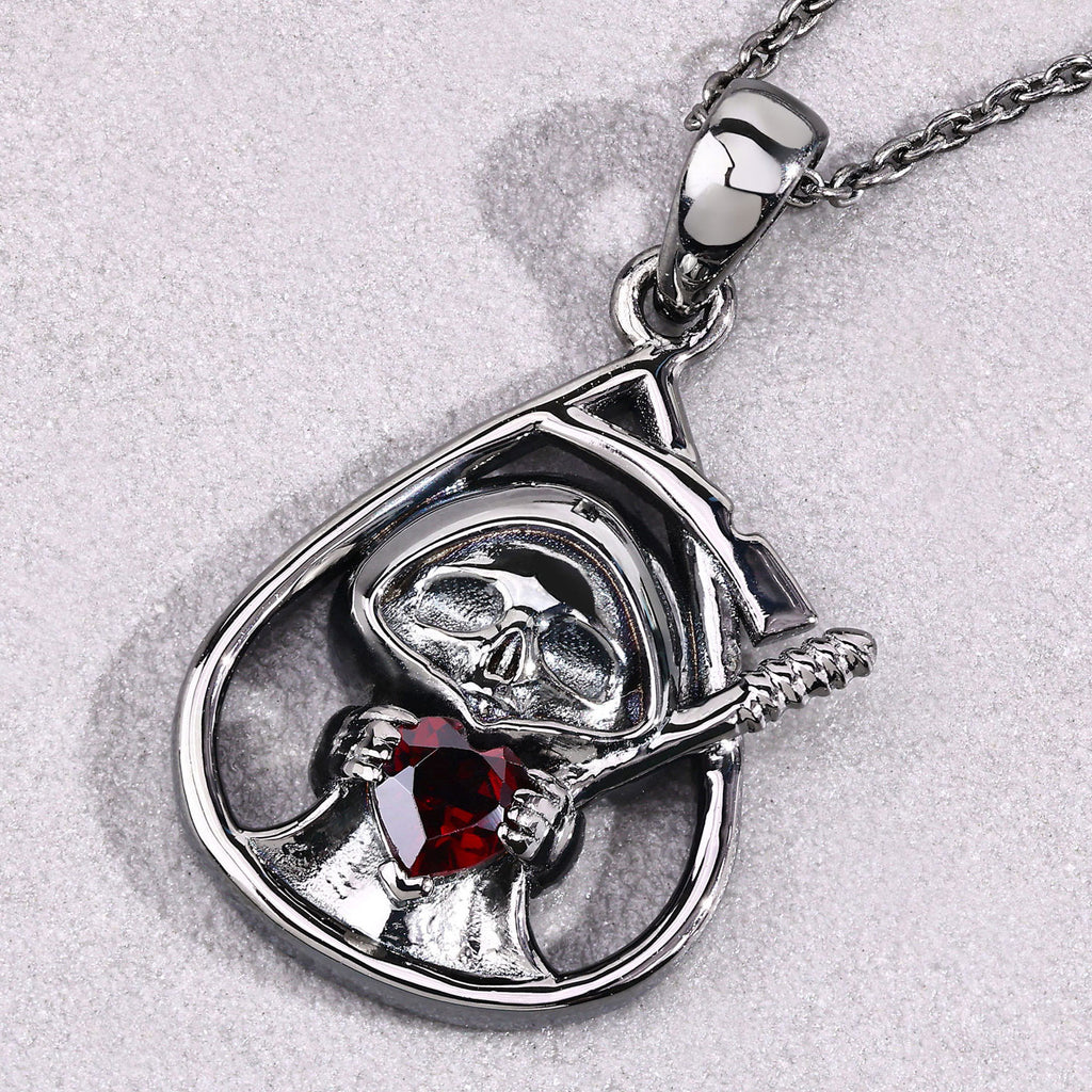 Garnet Reaper Skull Pendant 0.3 Carats Sterling Silver