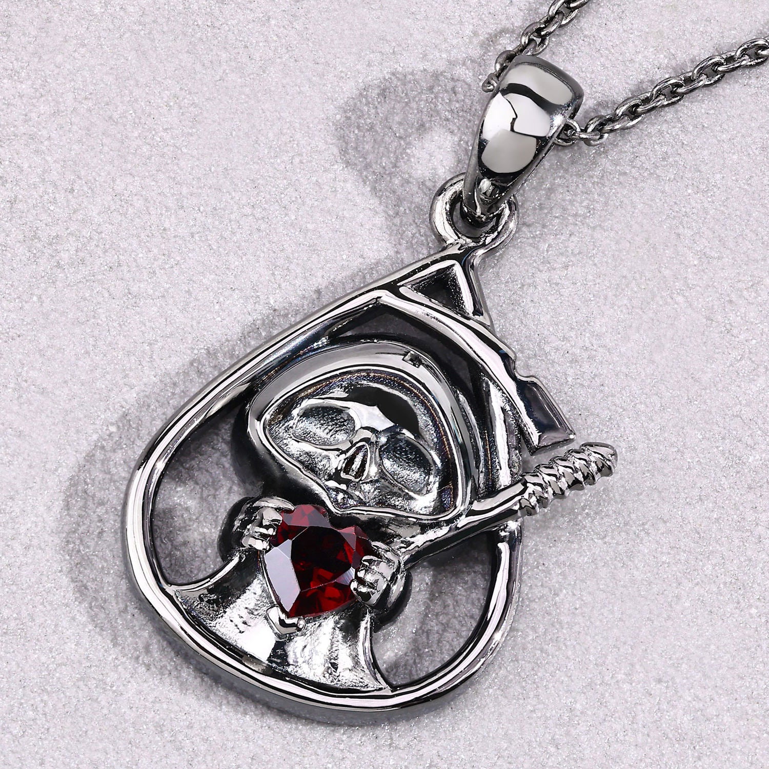 Garnet Reaper Skull Pendant 0.3 Carats Sterling Silver