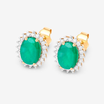 Zambian Emerald Earrings Diamonds Halo 2.65 Carats 10K Yellow Gold