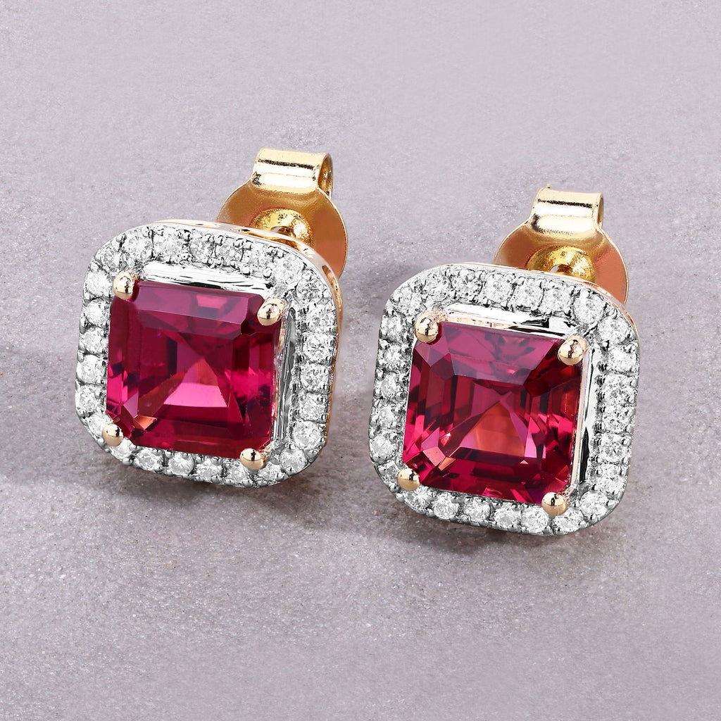 Rubellite Stud Earrings With Diamonds 2.68 Carats 14K Yellow Gold