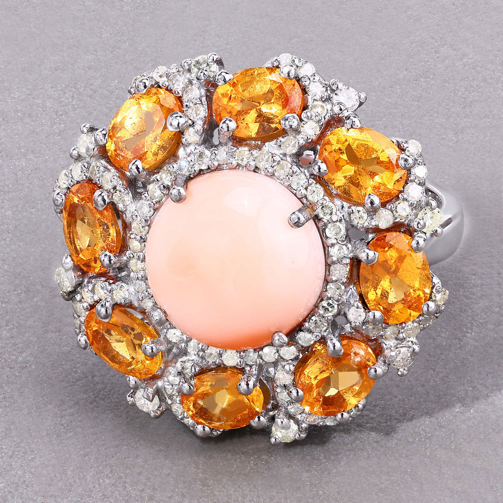 Coral Ring With Spessartite Garnet 7.52 Carats Sterling Silver