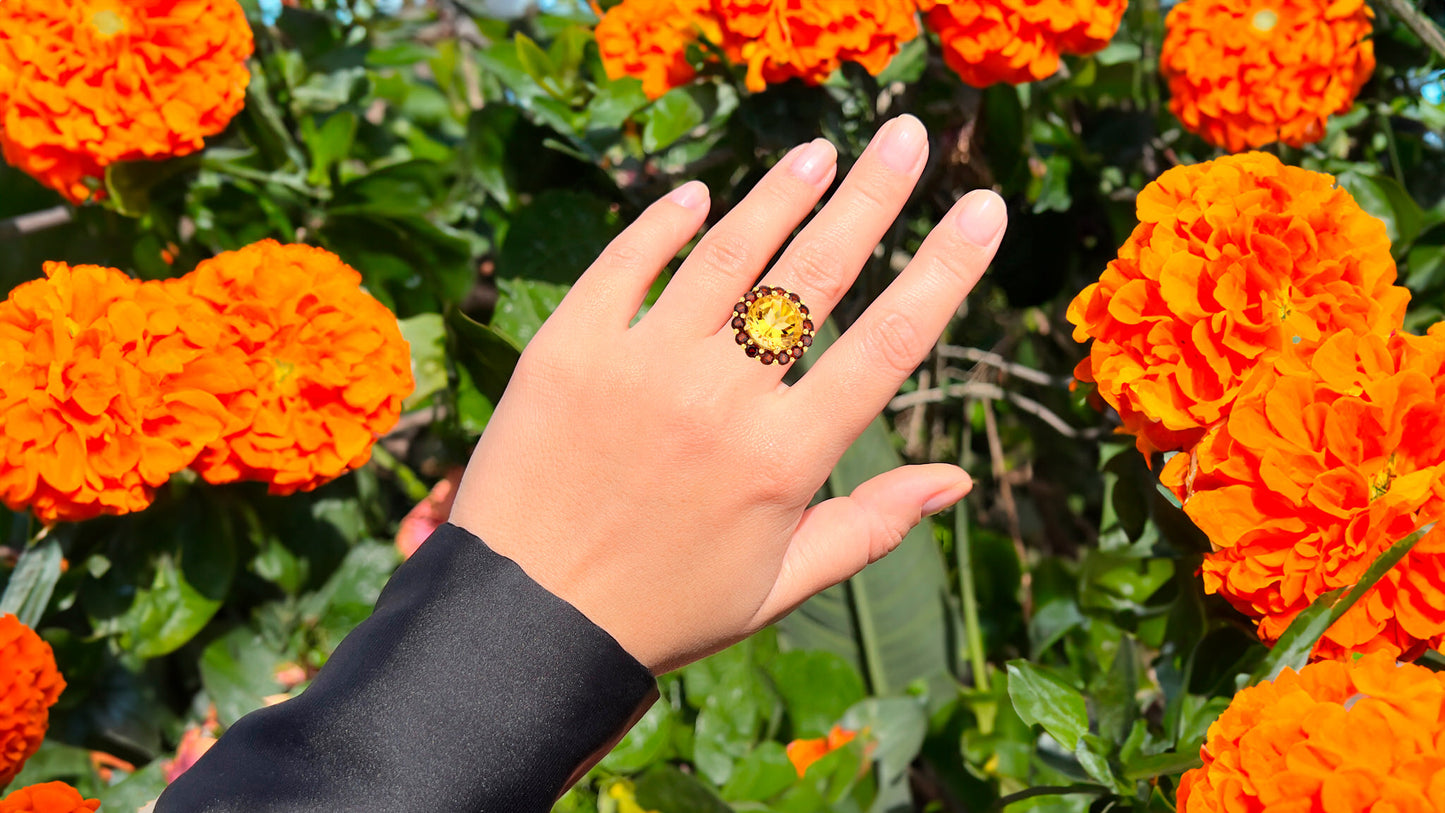 Citrine Ring with Garnets 7.26 Carats 18K Yellow Gold Plated Silver