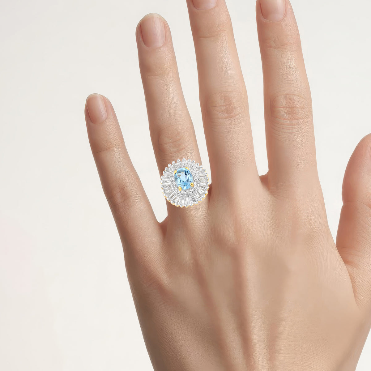 Blue Topaz Ring With White Topaz 3.7 Carats Gold Plated Silver