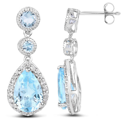 Swiss Blue Topaz Dangle Earrings With White Topaz 9.46 Carats