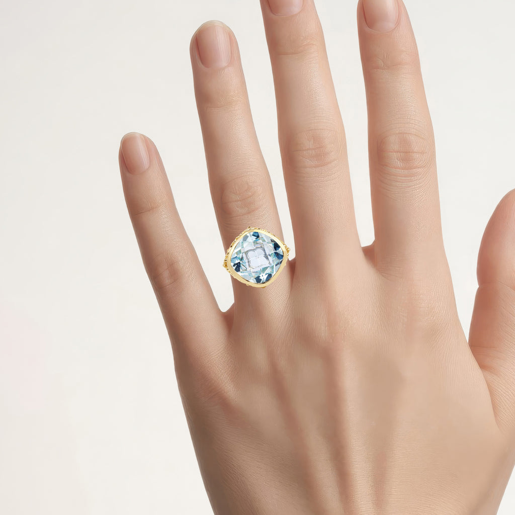 Blue Topaz Ring 12.7 Carats Gold Plated Silver